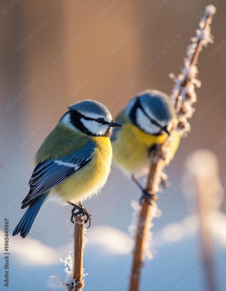 Fototapeta premium Two small blue tit birds perched on frosted branches in soft sunlight. One bird is sharp in foreground, other blurred behind. Winter scene shows delicate details.
