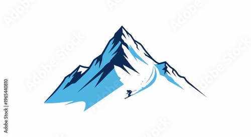 A stylized depiction of a skier descending a snow-covered mountain