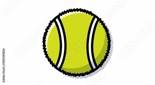 A stylized, bright yellow tennis ball with a black and white stitched seam