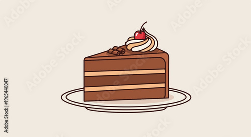 A slice of chocolate cake with cream, cherry, and chocolate shavings