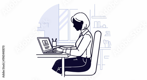 Woman working on laptop in an office setting with bookshelves