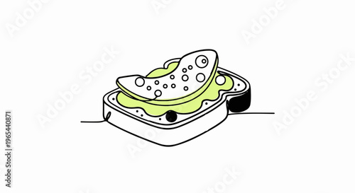 Whimsical line art depicts a slice of toast topped with avocado and dots