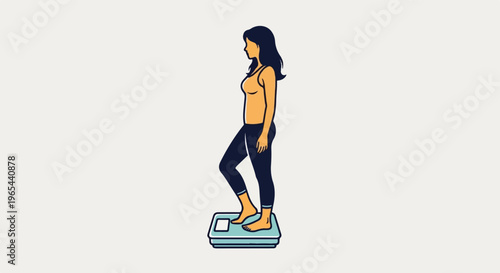 Woman steps on a scale to check her weight, wearing athletic clothing