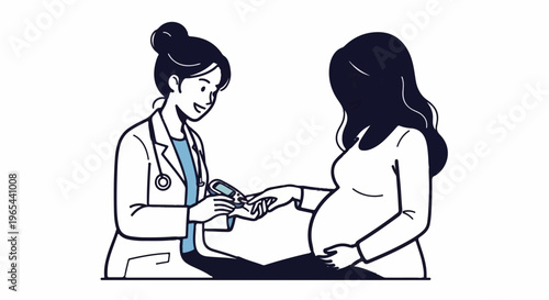 A doctor checks a pregnant woman's blood sugar with a glucometer