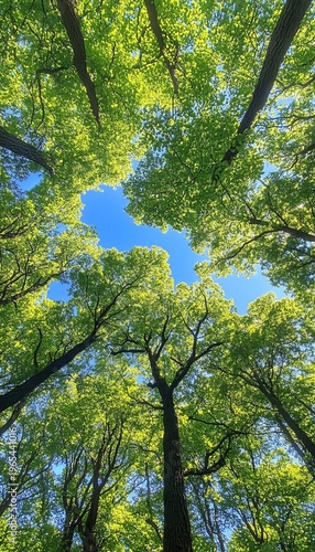 Lush Forest Canopy Reflecting the Clear Blue Sky, A Stunning Display of Nature s Beauty and Calm