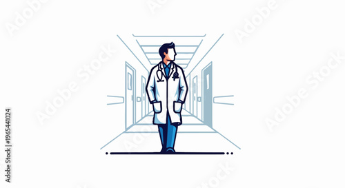 A doctor stands in a hospital hallway with doors on each side