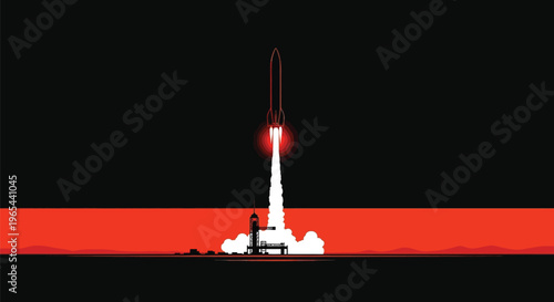 Rocket launch, space exploration, fiery blast off, white rocket ship, red glow