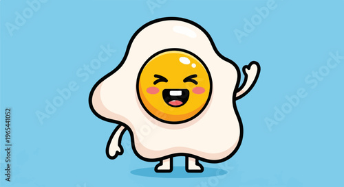 A cheerful cartoon fried egg character with rosy cheeks winks