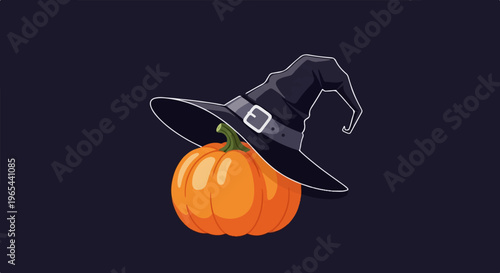 A cartoon witch hat rests on a plump, orange pumpkin