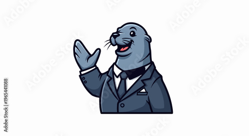 A cartoon seal in a suit and tie waves hello with a friendly expression