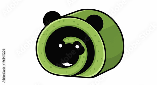 A cartoon green Swiss roll shaped like a panda's head with black ears