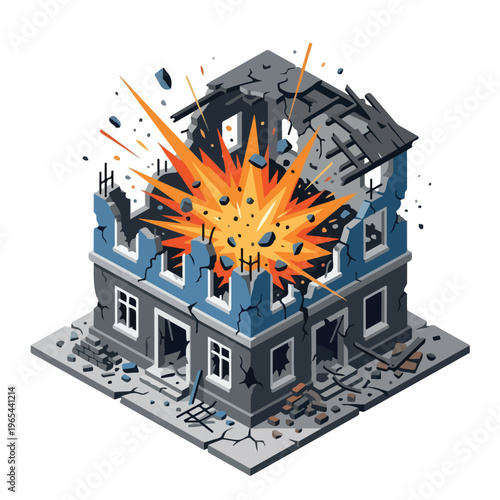 vector isometric of a building exploding after being hit by a missile 7
