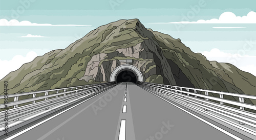 Road tunnel, mountain landscape, highway bridge, vector illustration