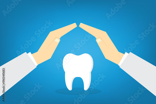 Dental Insurance Protection Concept with Hands Protecting Tooth Vector Illustration Healthcare Safety Oral Hygiene Medical Care Symbol Clean Minimal Design Background