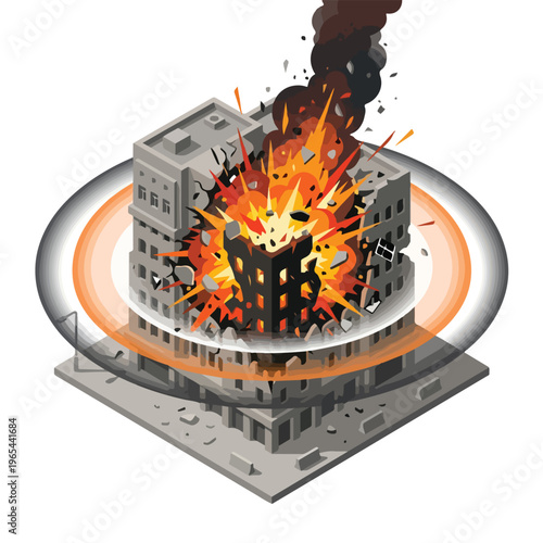 vector isometric of a building exploding after being hit by a missile 2