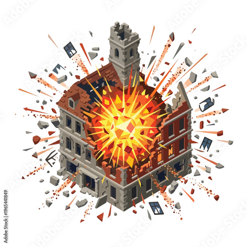 vector isometric of a building exploding after being hit by a missile 1