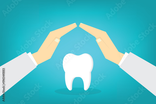 Dental Insurance Protection Concept with Hands Protecting Tooth Vector Illustration Healthcare Safety Oral Hygiene Medical Care Symbol Clean Minimal Design Background