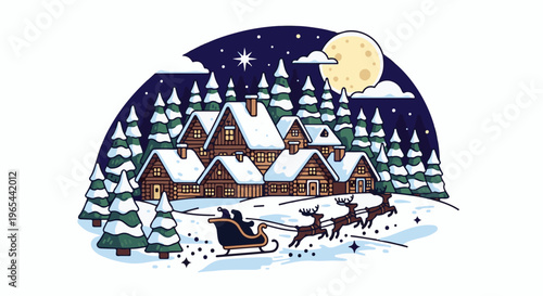 Cozy snow-covered cabins under a moonlit winter sky with Santa's sleigh