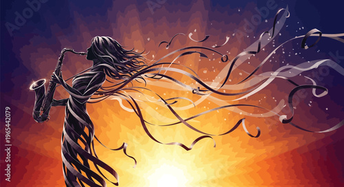 Stylized woman, long hair flowing, sunset background, abstract illustration, vector art
