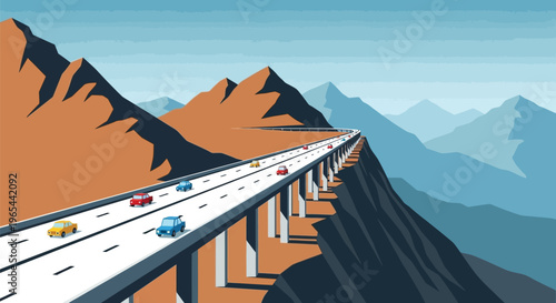 Highway, mountain road, elevated road, transportation infrastructure, scenic route, vector illustration
