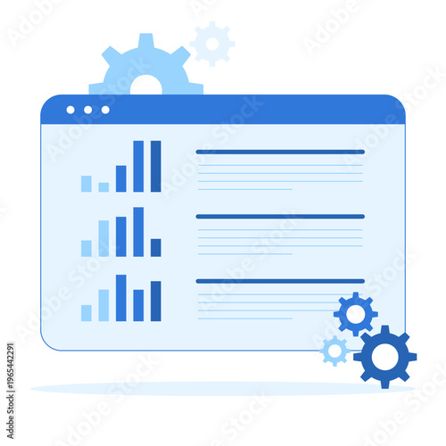 CRM Business task automation interface with charts and gears. Digital system optimizing routine operations, improving productivity and streamlining company processes. Vector illustration