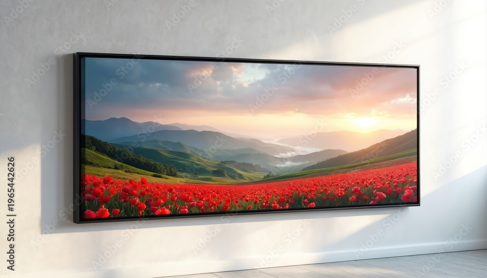 Fototapeta premium Framed artwork shows red poppy field on rolling hills. Sun sets over misty valley and distant mountains. Peaceful nature scene enhances home decor, office space, interior design.