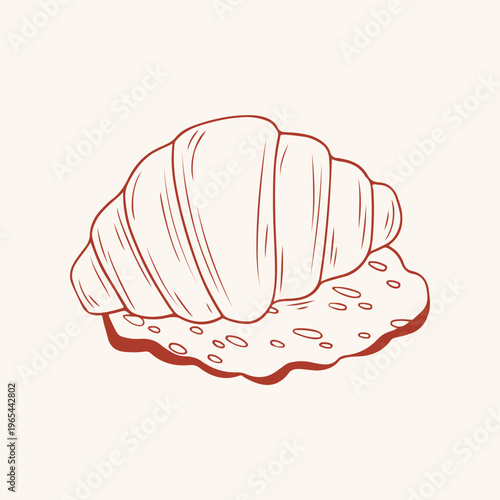 Vector illustration of a french croissant sliced lengthwise, red line flat modern retro style. Bakery icon in warm brown tones for cafe design. Minimalist simple hand drawn food art isolated on beige