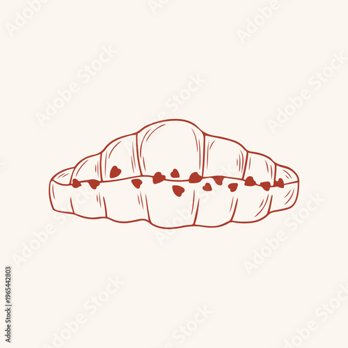 Minimalist vector illustration of french croissant with glaze and cute chocolate heart shaped sprinkles. Red outline sketch style. Hand drawn sweet bakery for menu, cafe branding, dessert concept