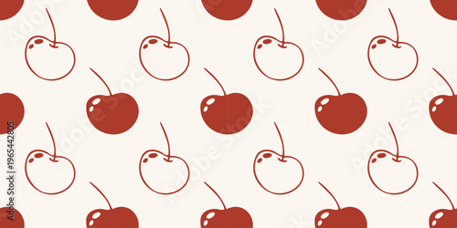 Cherry hand drawn seamless pattern in red line art style. Vector background on light beige for fruit, food and summer design. Minimalist wallpaper for textile and packaging.