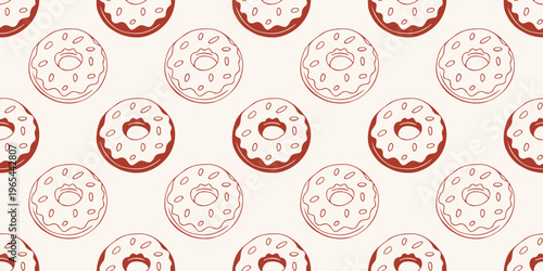 Donut seamless pattern in red line style. Vector background for bakery, cafe menu, sweet food design. Minimalist hand drawn dessert wallpaper for textile and packaging