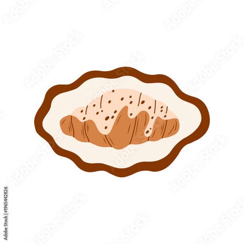 Top view of glazed croissant with chocolate sprinkles in decorative frame or plate. Colorful flat vector illustration for bakery, cafe menu, food design. Minimalist hand drawn pastry sticker on white