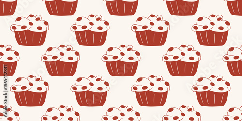 Seamless pattern with chocolate muffins and cupcakes in red line style. Vector background for bakery, cafe menu, sweet food design. Minimalist hand drawn dessert wallpaper for textile and packaging.