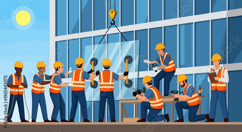 Construction workers installing large glass panels on a building facade outdoors