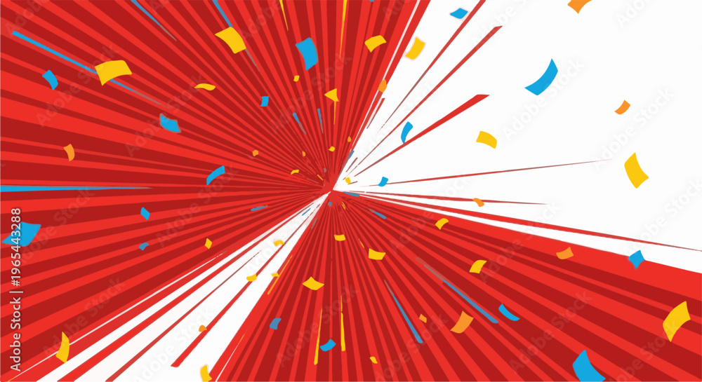 Fototapeta premium Exploding red and white rays with colorful confetti bursts