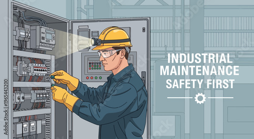 A worker in industrial attire performs maintenance on electrical panels with safety equipment.