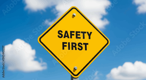 A yellow road sign reads SAFETY FIRST against a blue sky with white clouds.
