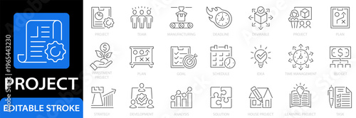 Project icon set. Management icons. Planning concept. Editable stroke. Vector illustration