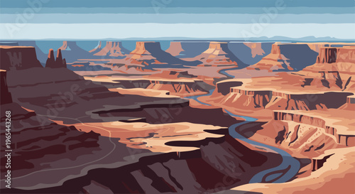 Expansive pixelated canyon landscape with winding river under a pale blue sky