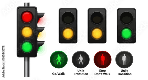 Traffic lights with pedestrian signals indicate safe crossing and driving conditions