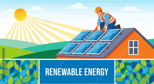 Man installing solar panels on house roof under sunny sky with renewable energy