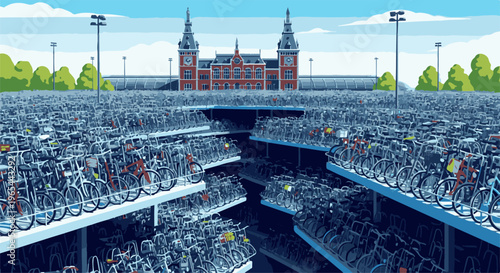 Expansive multi-level bicycle parking lot with a grand brick building in the background