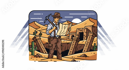 Explorer in desert finds ancient ruins with map and pickaxe