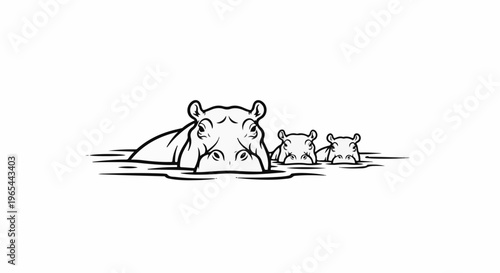 Family of hippos peeking heads above water