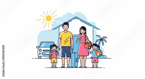 Family ready for vacation with car, luggage, and sunny weather