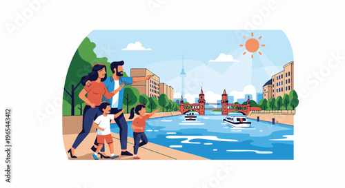 Family stroll along a sunny riverfront with iconic architecture and bridges