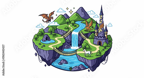 Fantasy floating islands with mythical creatures, castle, and waterfall