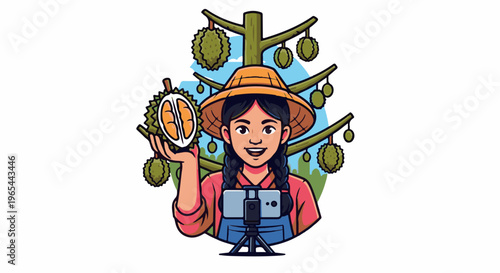 Farmer showcases durian on video stream in orchard