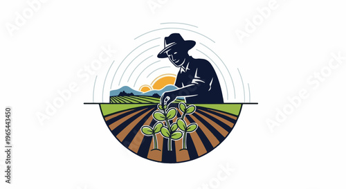 Farmer tending to young plants in a stylized circular field at sunrise