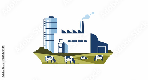 Farm with cows, silos, factory, and milk bottle