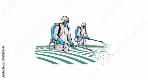 Farmers in protective suits spray fields, tending to crops with care